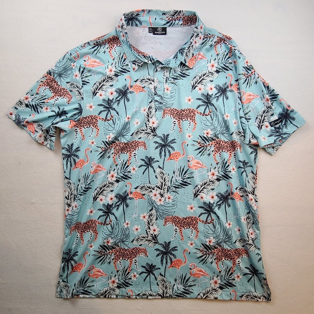 GreenSide Golf Polo Shirt XXL Tropical Flamingo Leopard Performance Blue AOP